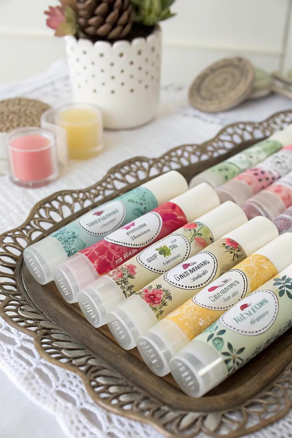 Customized lip balms that are both practical and charming.