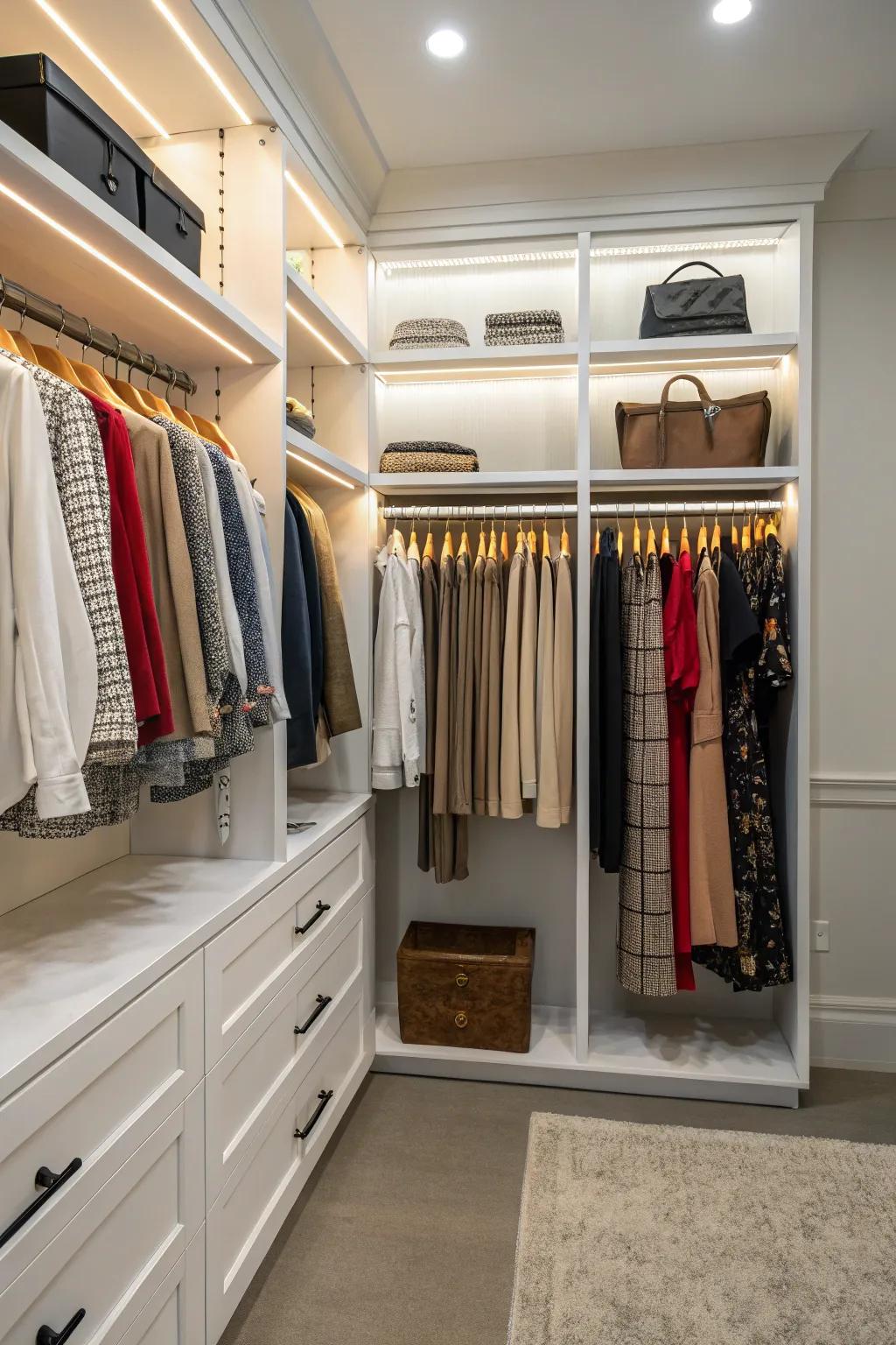 Adjustable rods provide flexibility for organizing clothes.