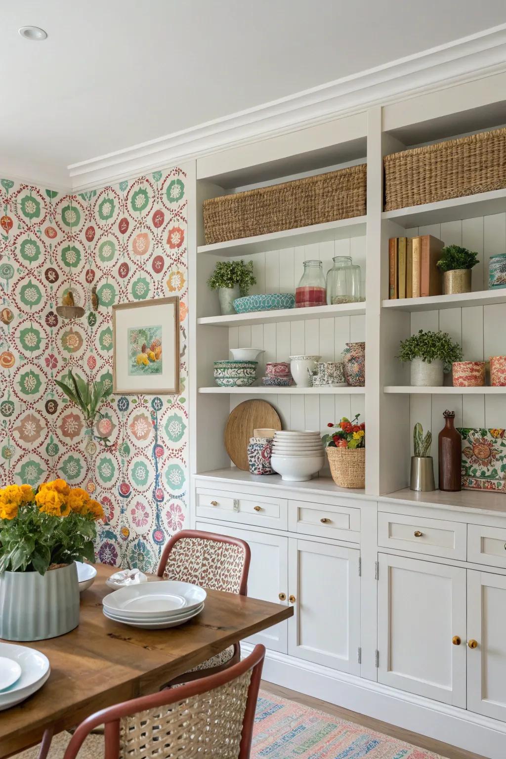 Open shelves with a decorative wallpaper backdrop for added style.