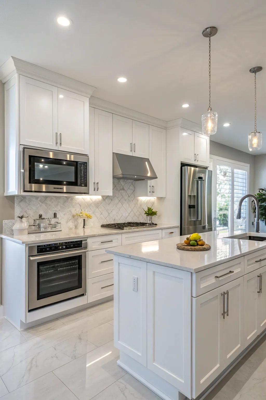 A microwave stylishly recessed into the kitchen wall.