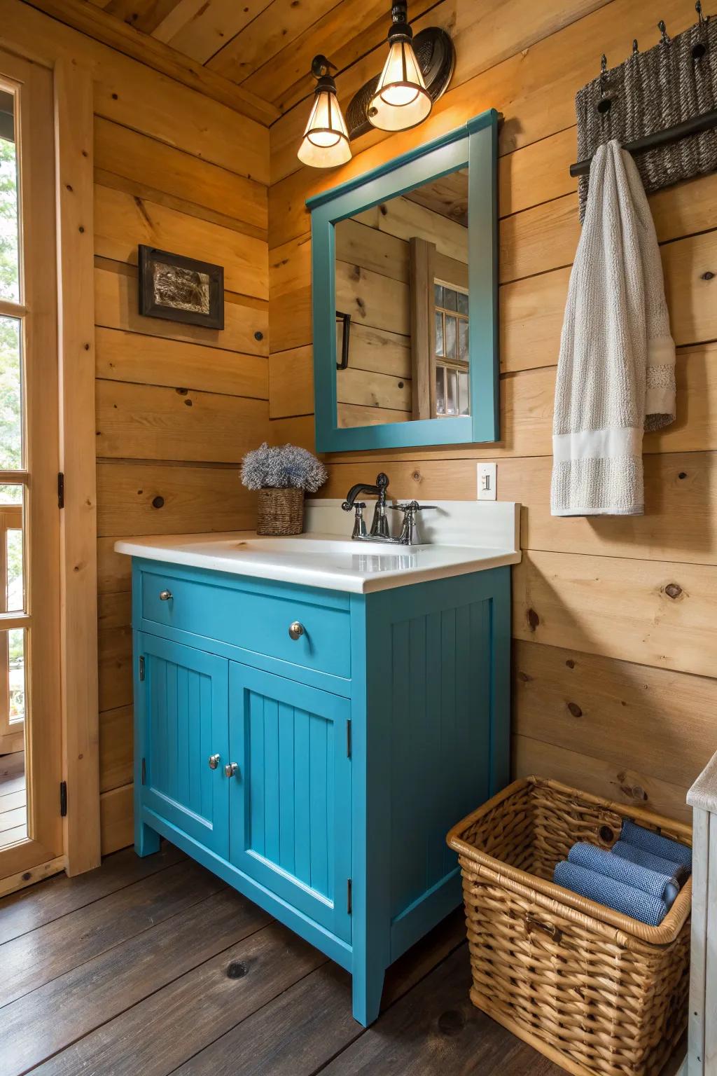 Bright colors inject playfulness in a cabin bathroom.