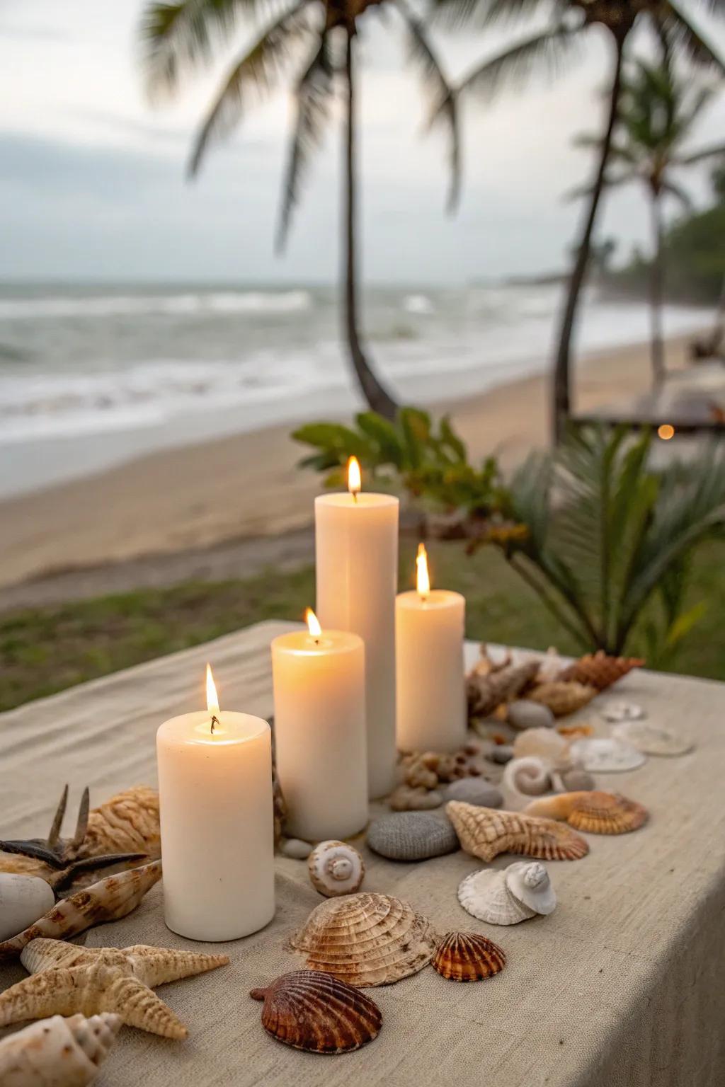 Beach-inspired candle display with seashells.