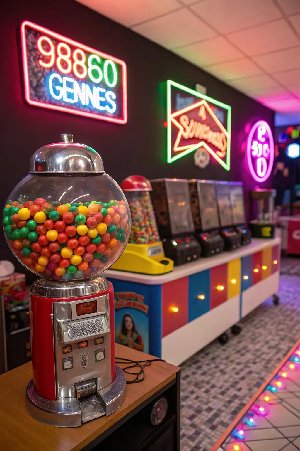 Vibrant retro candy bar with bold 1980s colors and nostalgic treats.