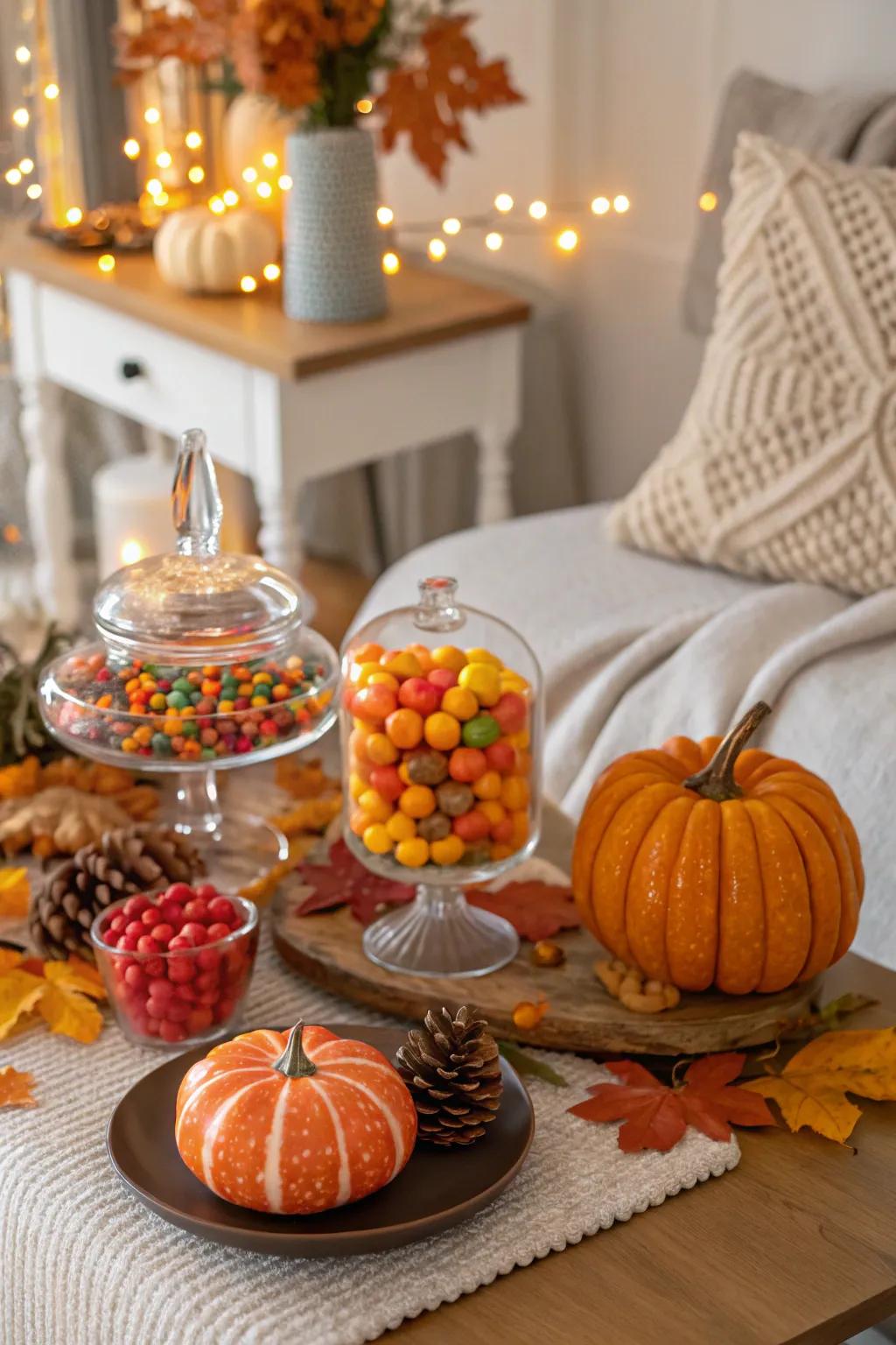 A seasonal autumn-themed candy table with decorative elements