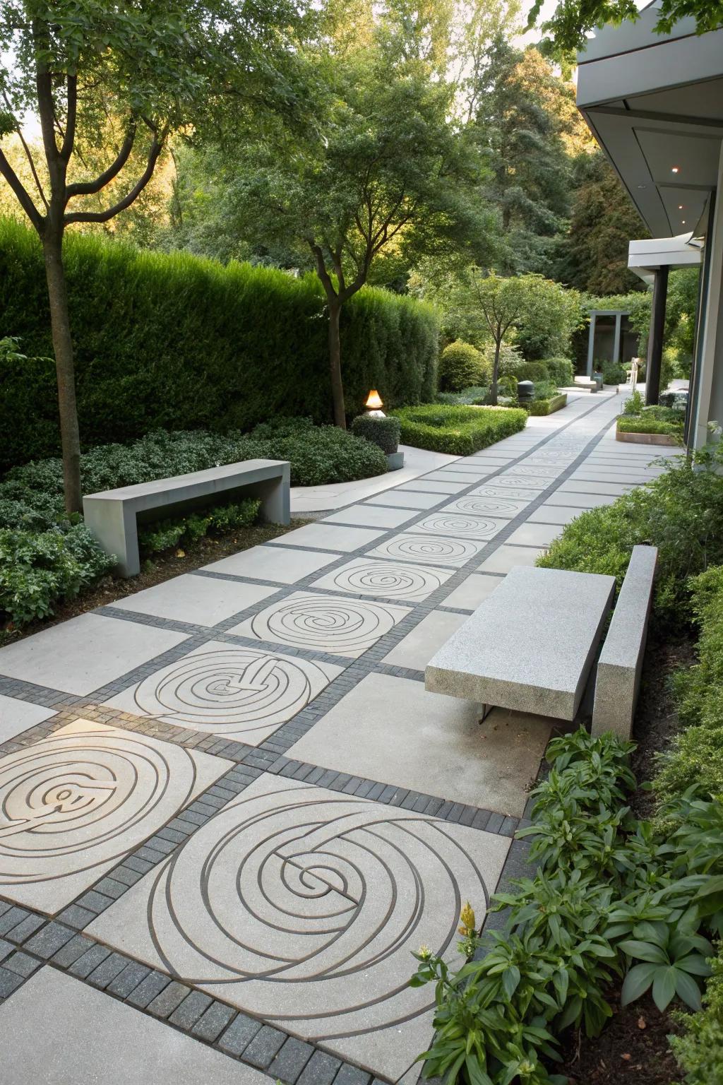 Intricate saw-cut patterns in cement for an artistic walkway.