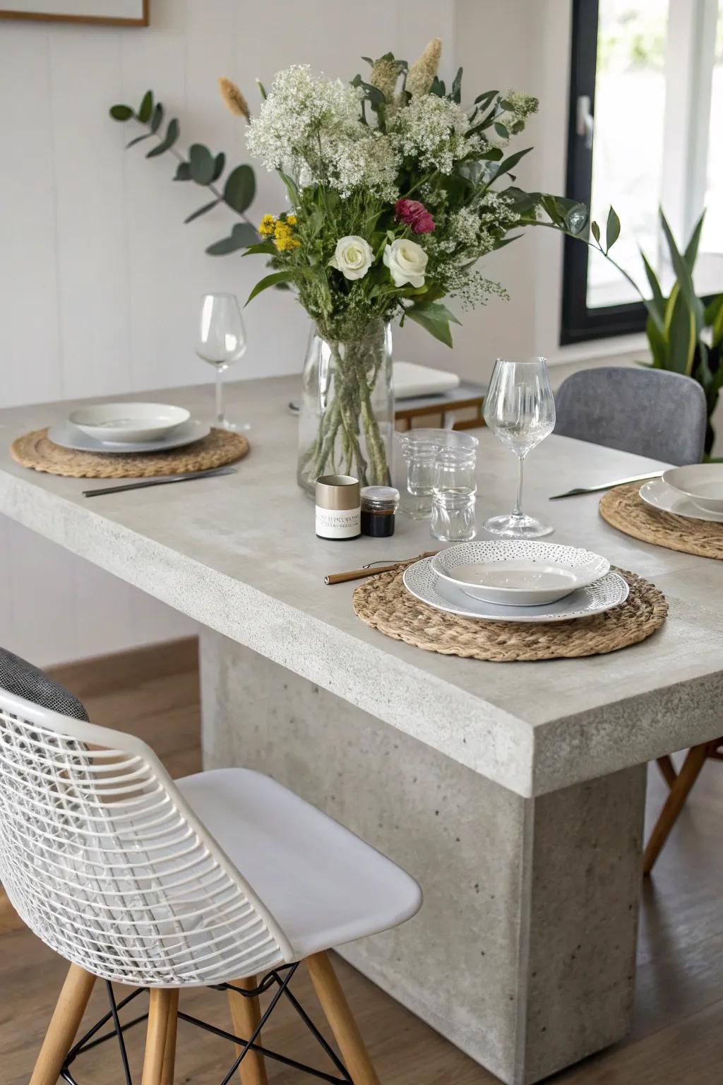 Modern and minimalistic with a concrete slab centerpiece base.