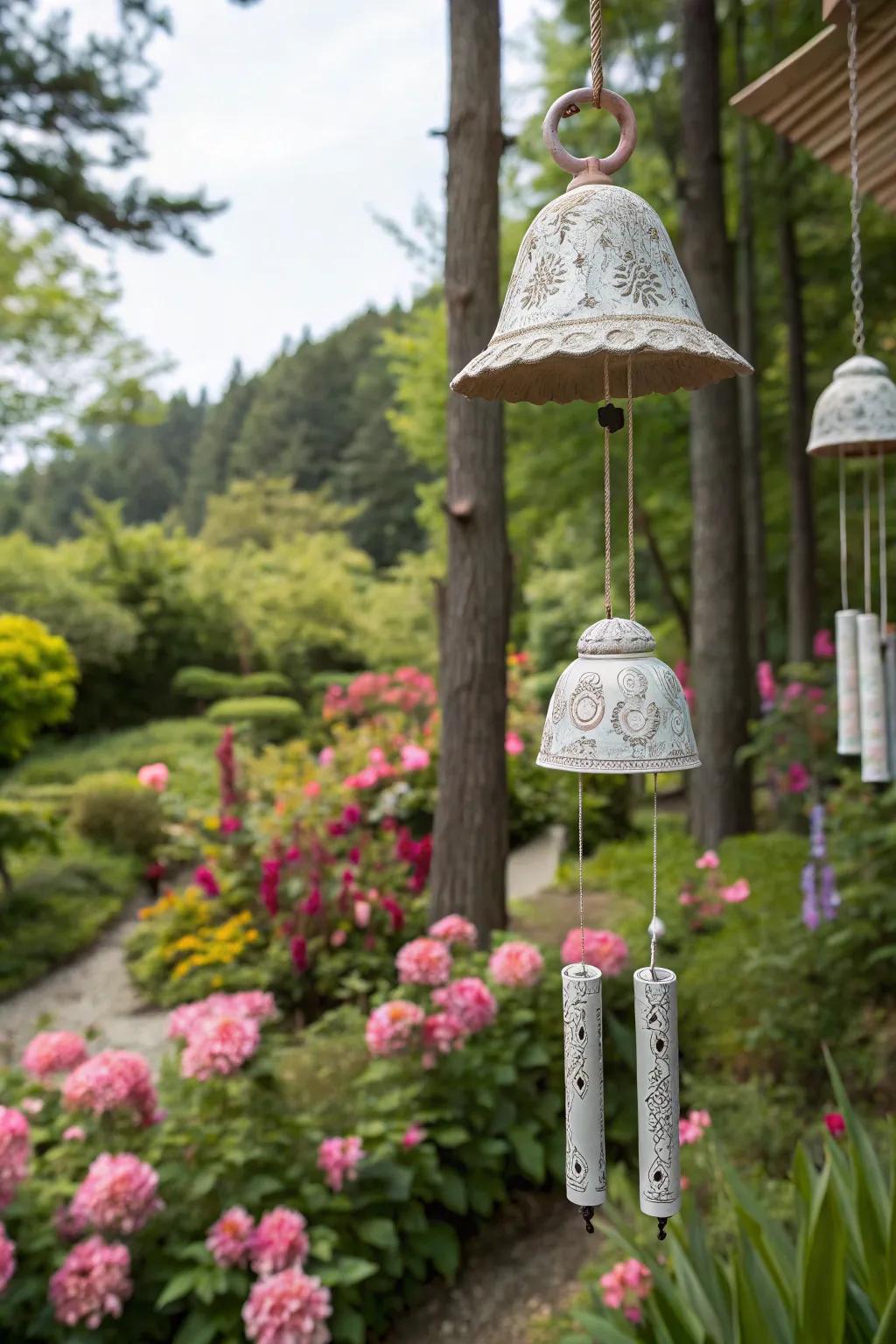 Ceramic wind chimes create a harmonious garden atmosphere.