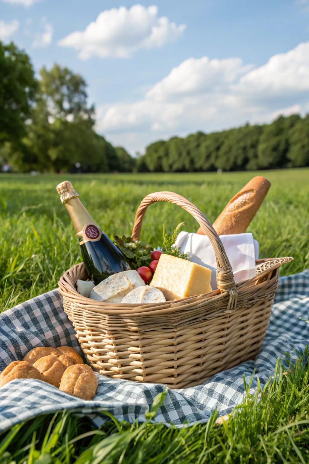 Picnic paradise with cheese and crusty bread.