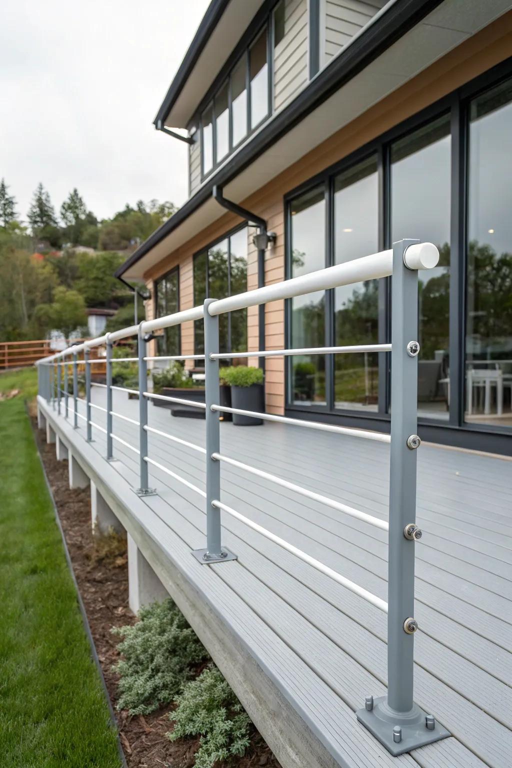 PVC pipes offer a budget-friendly modern railing option.