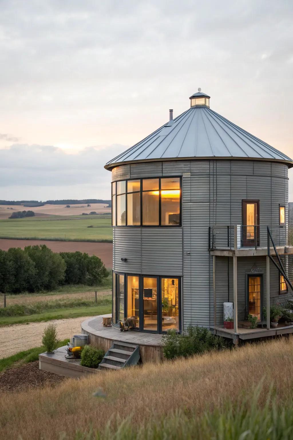 Innovative silo home with a blend of industrial design and modern comfort.