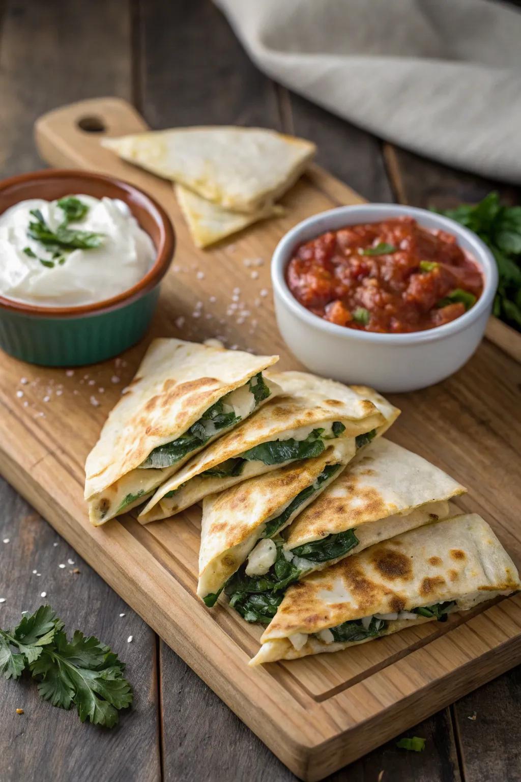 Spinach and chicken quesadillas, simple and satisfying.