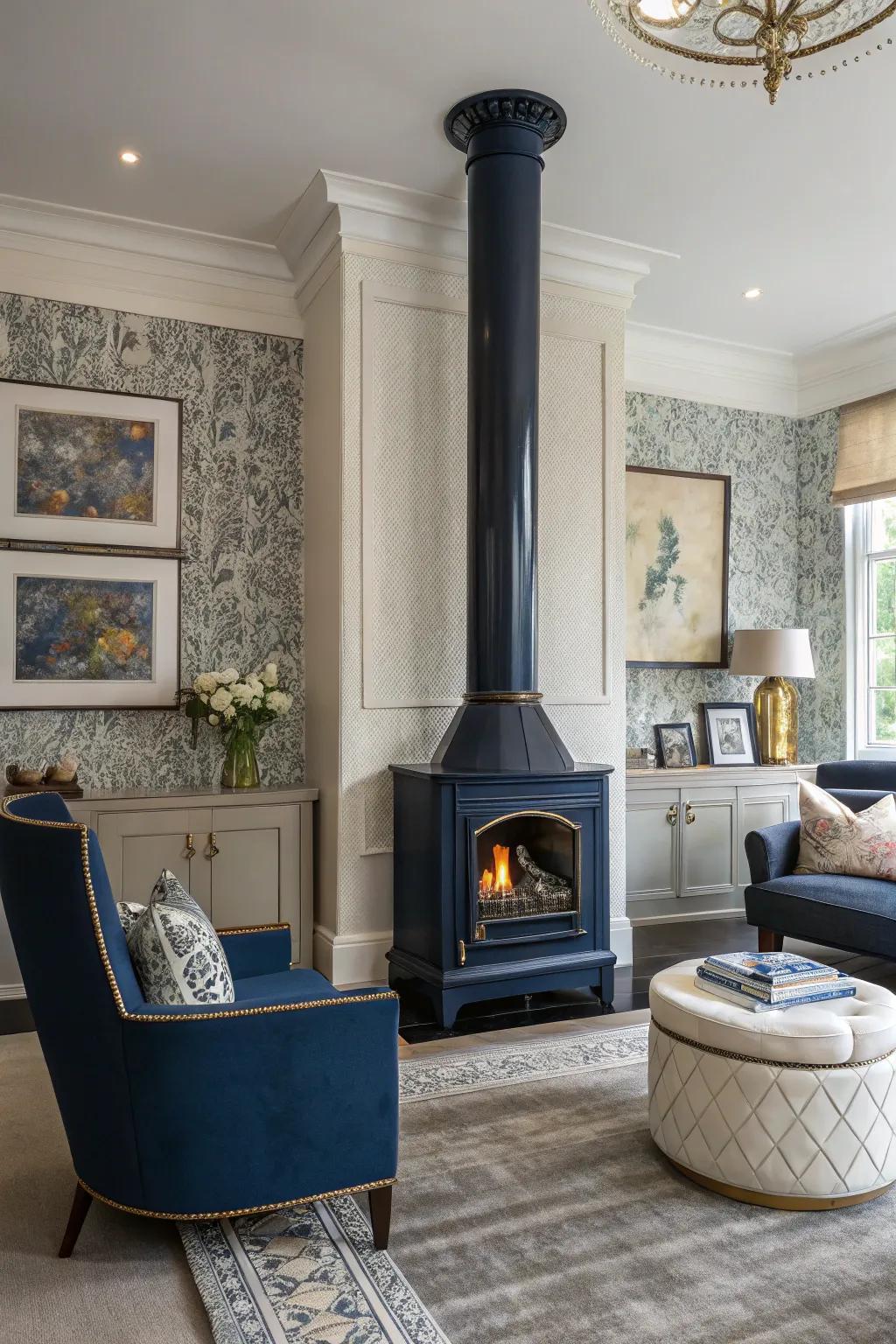 Navy blue adds depth and elegance, making a bold statement in this space.