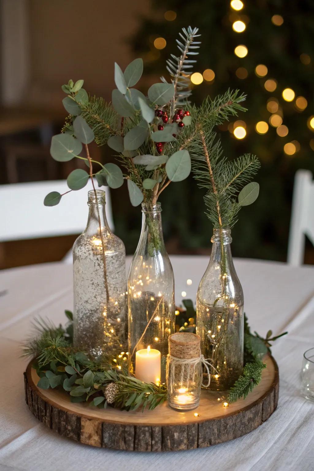 Vintage glassware with fairy lights adds nostalgic charm to your table.