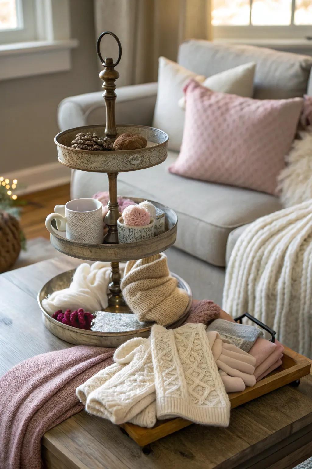 Cozy knits and textiles bring warmth to this tiered tray.