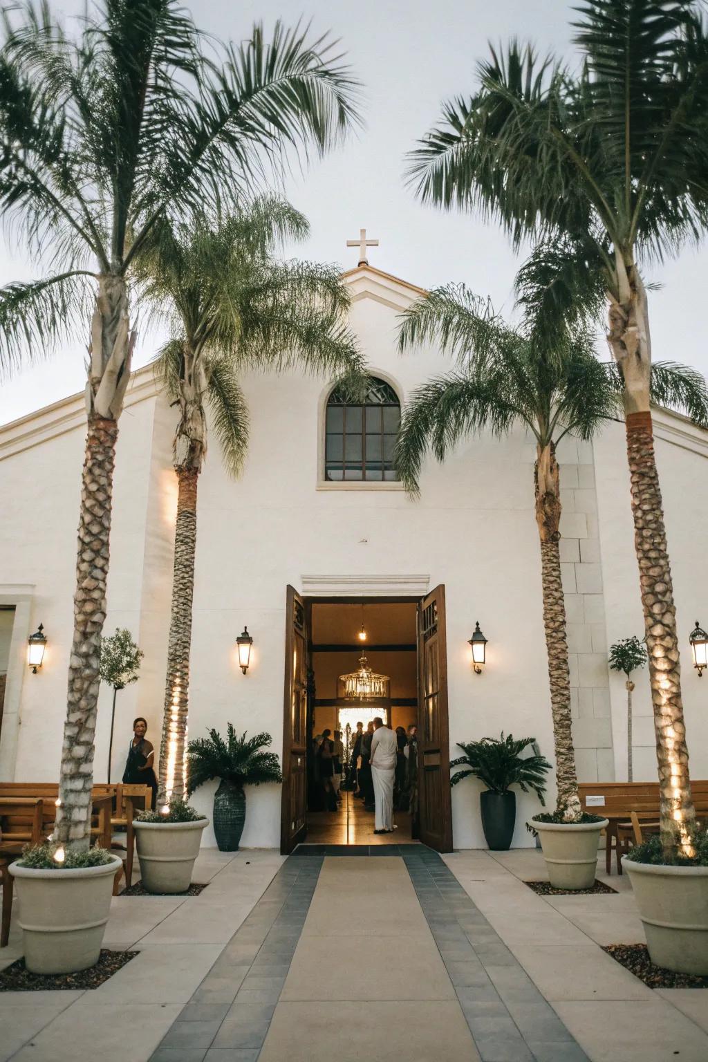 Tall potted palm trees framing the church entryway.
