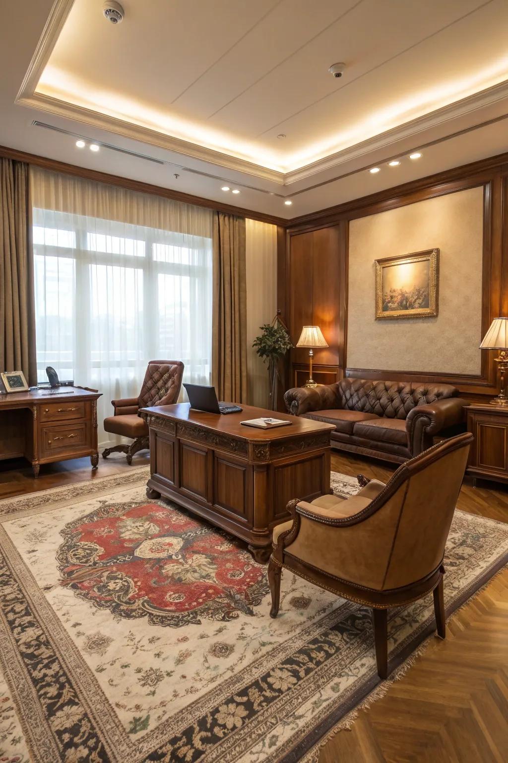 A plush rug adds texture and warmth to an executive office.