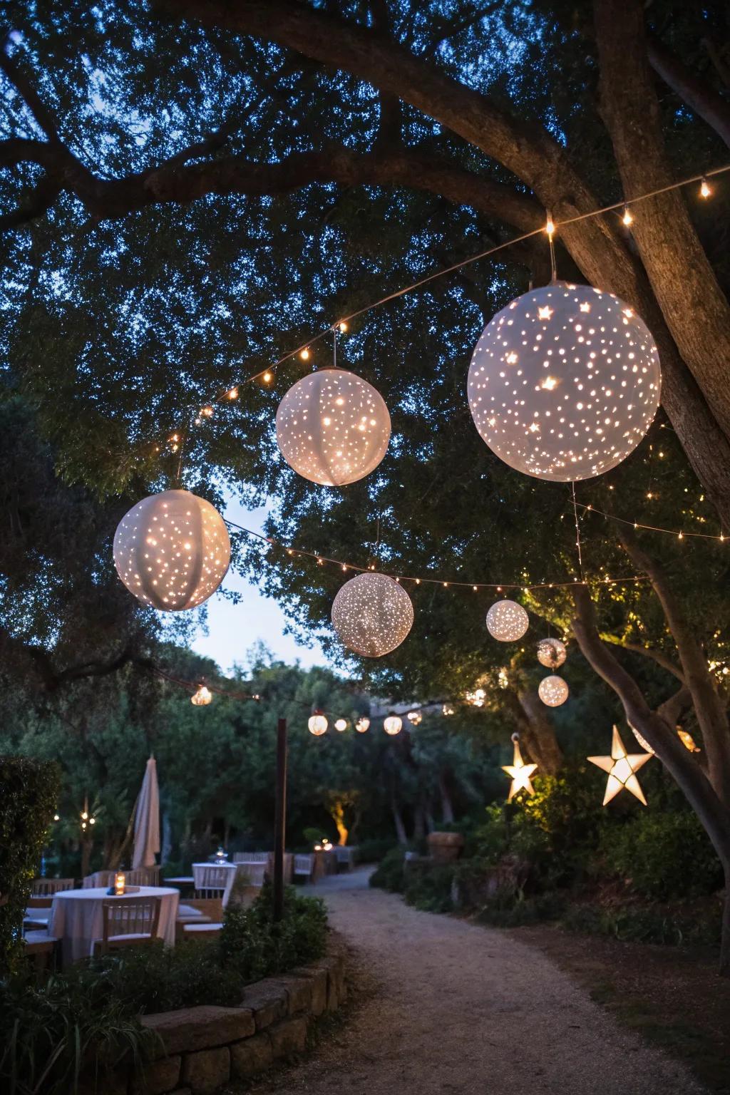 Magical starry night display with hanging spheres.