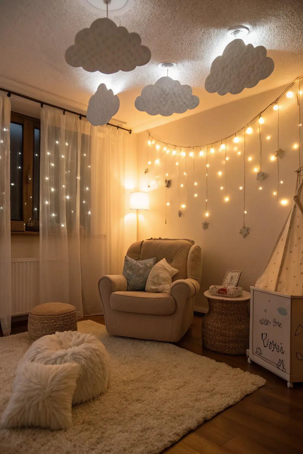 Soft ambient lighting enhances the dreamy atmosphere of a cloud-themed baby shower.