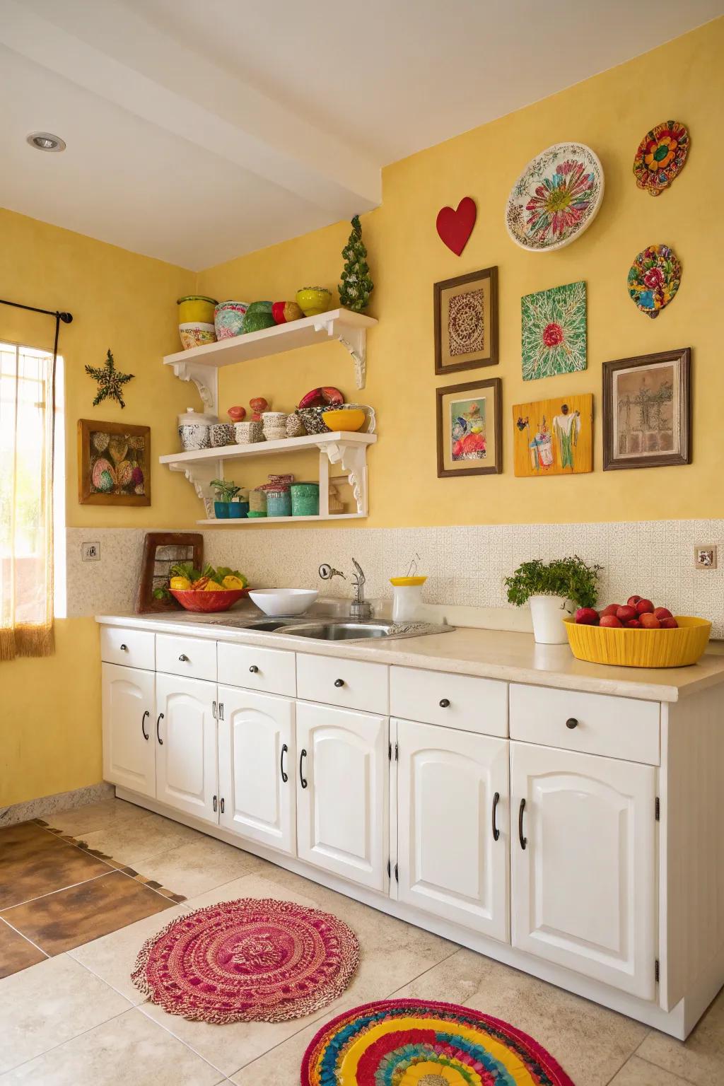 Sandy yellow adds cheerful warmth.