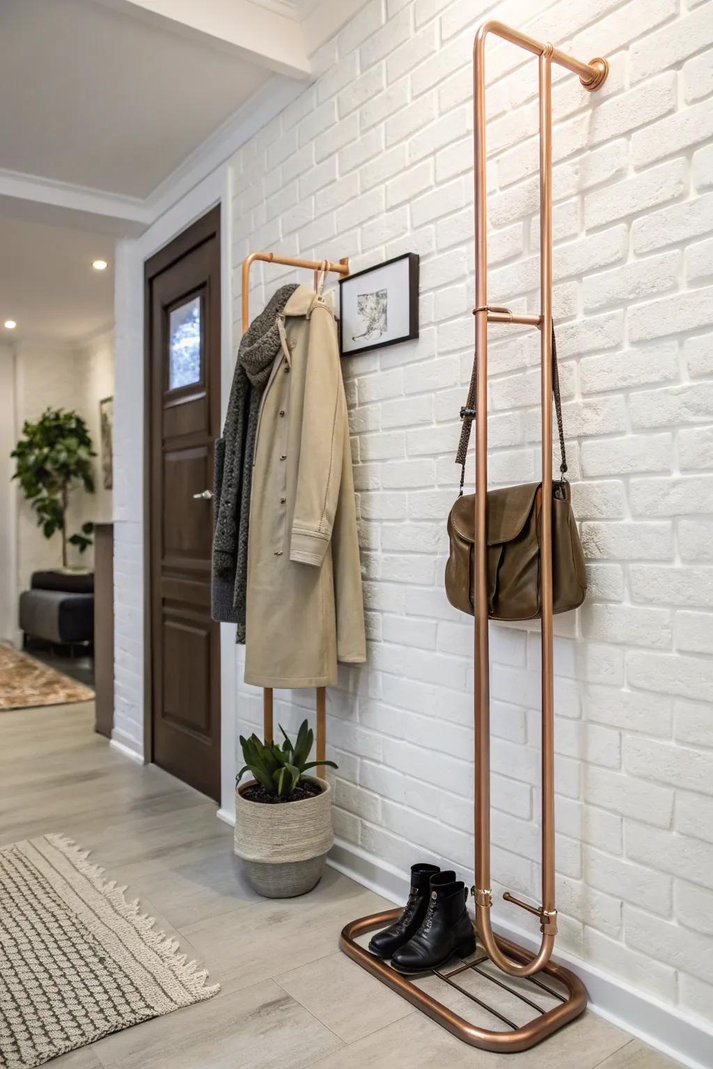 A copper pipe coat rack adds elegance and warmth to this chic entryway.