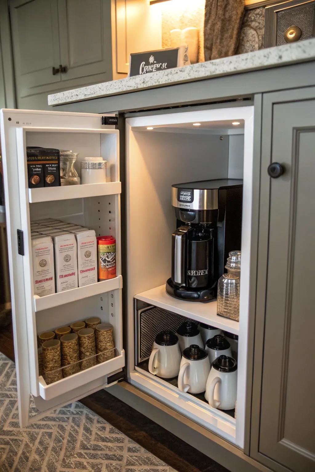 A hidden gem of a coffee bar for a tidy kitchen.