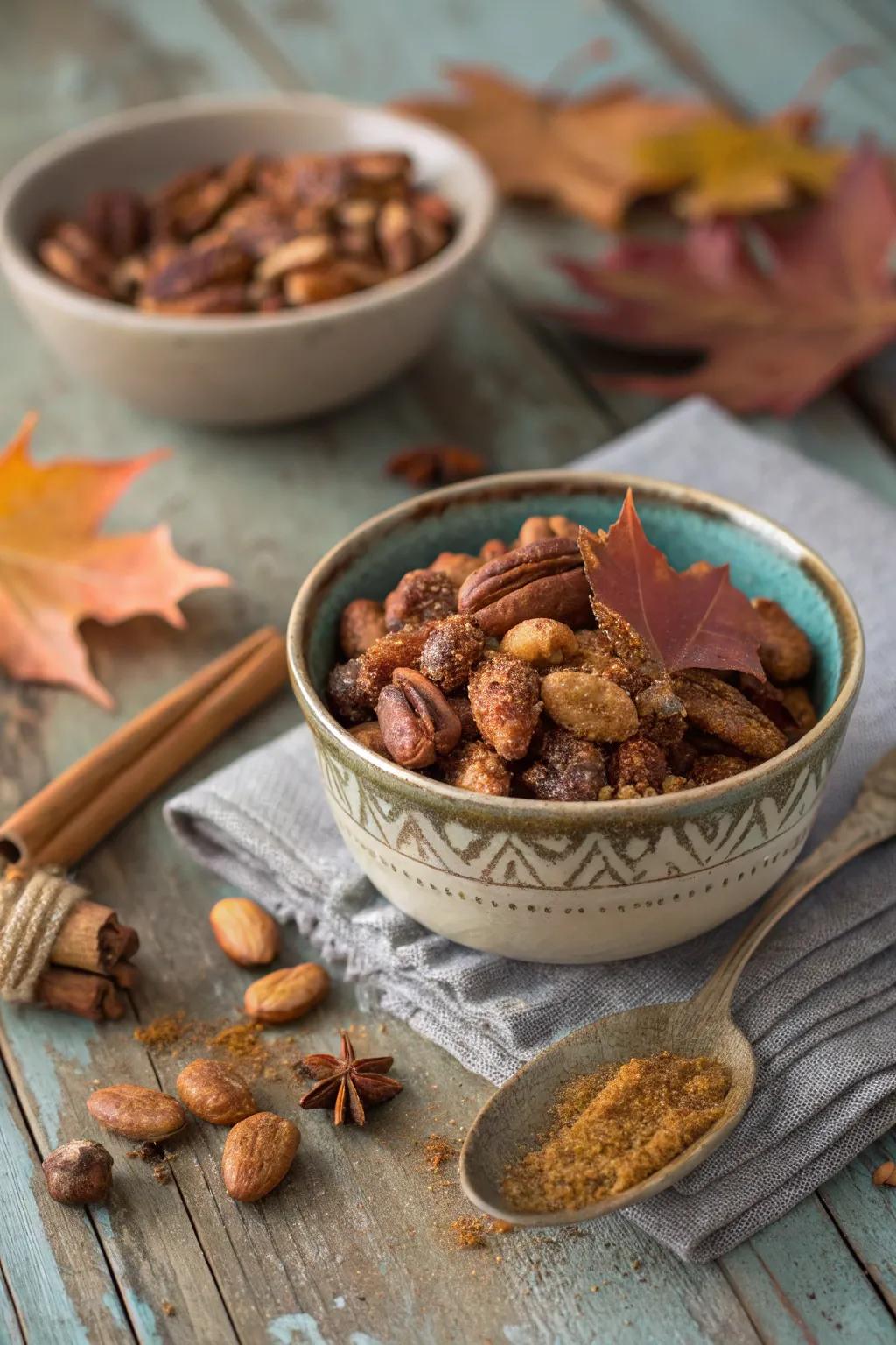 Warm spiced nuts for a savory and aromatic snack.