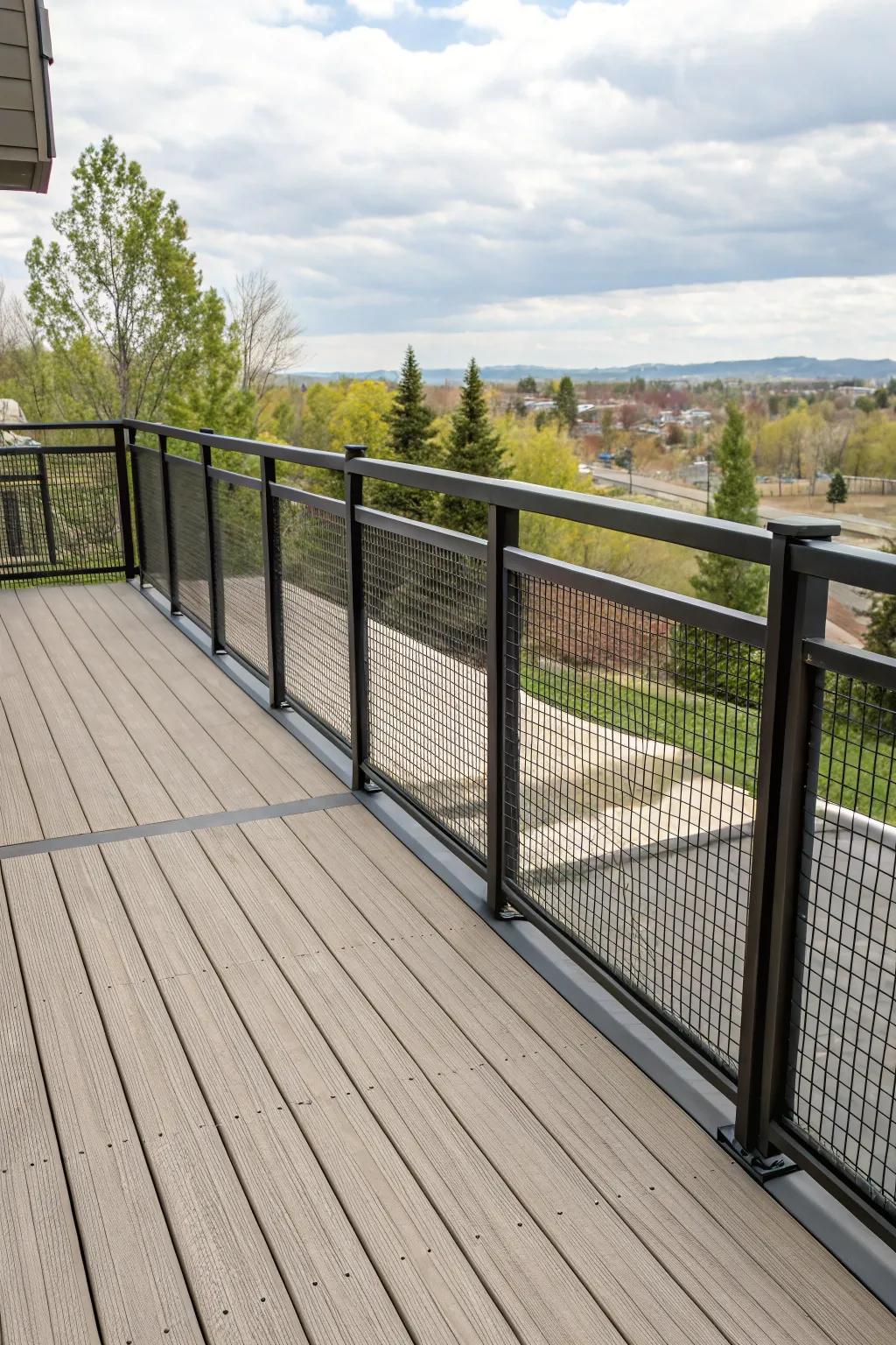 Mesh infills bring an industrial chic vibe to composite deck railings.