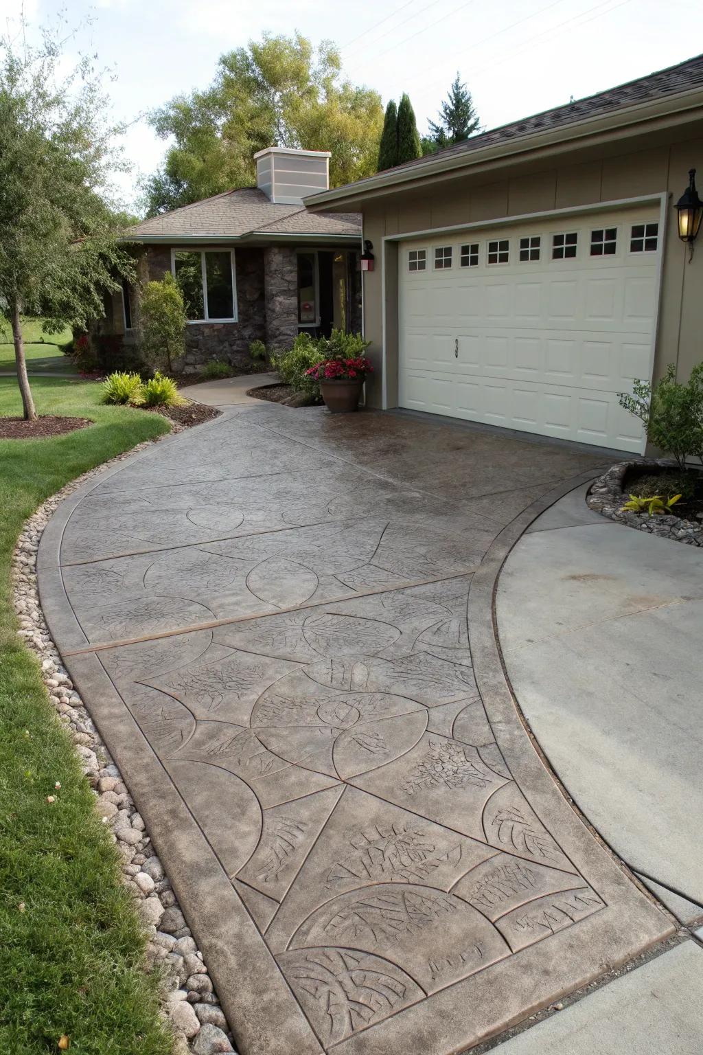 A durable and stylish stamped concrete apron enhances this driveway.