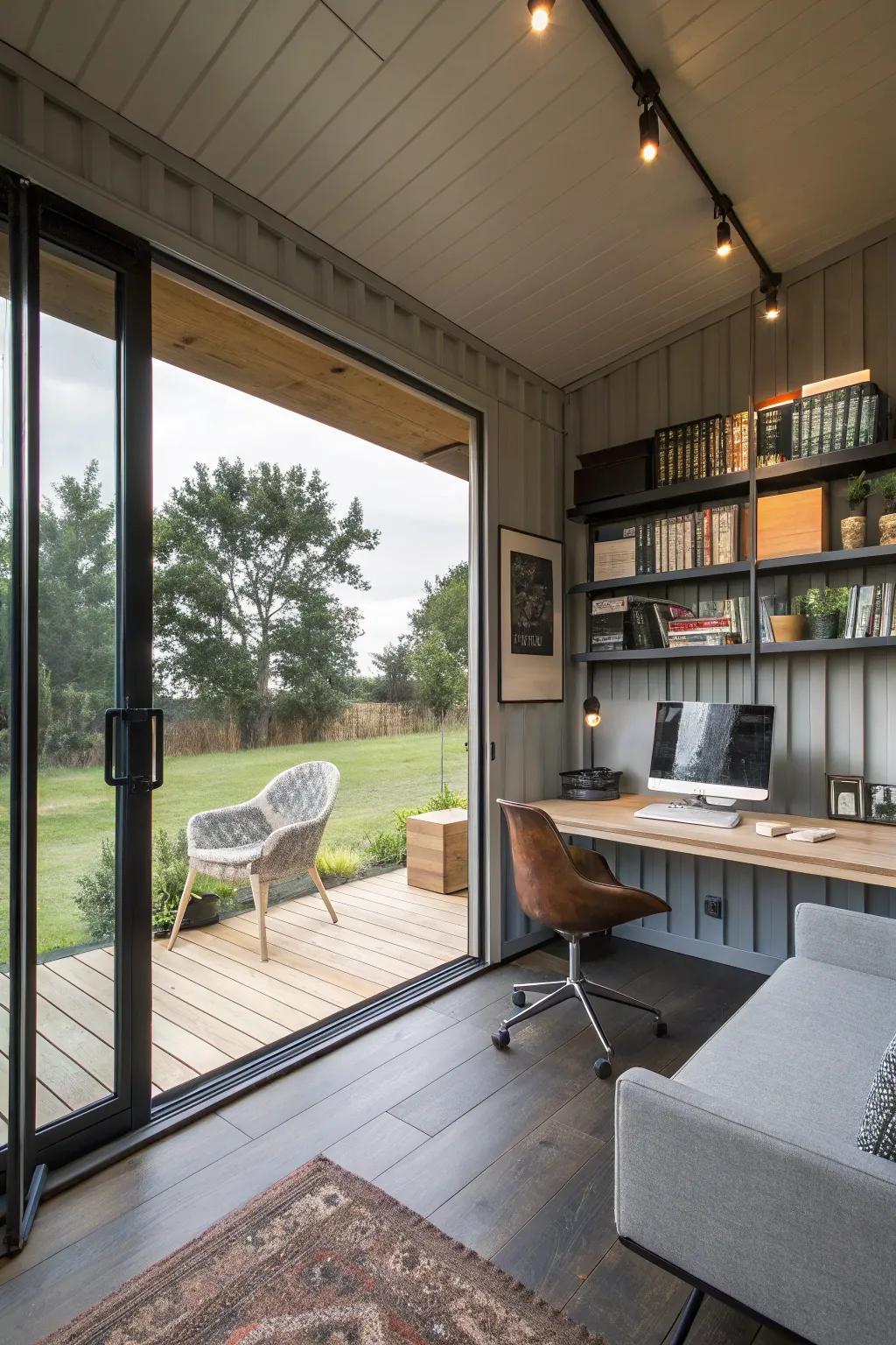 A shipping container office provides a peaceful and productive work environment.
