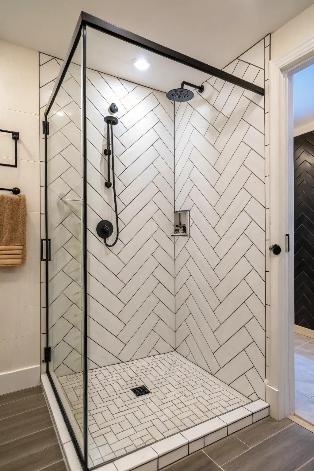 Diagonal tile layouts add dynamic movement to your shower.