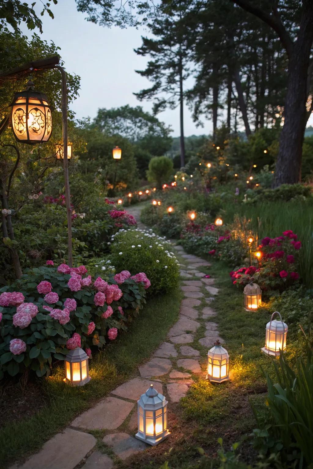 A garden with a fairytale touch from whimsical lanterns.