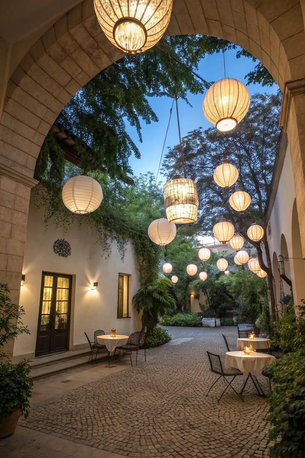 Hanging lanterns create a whimsical glow in the courtyard.