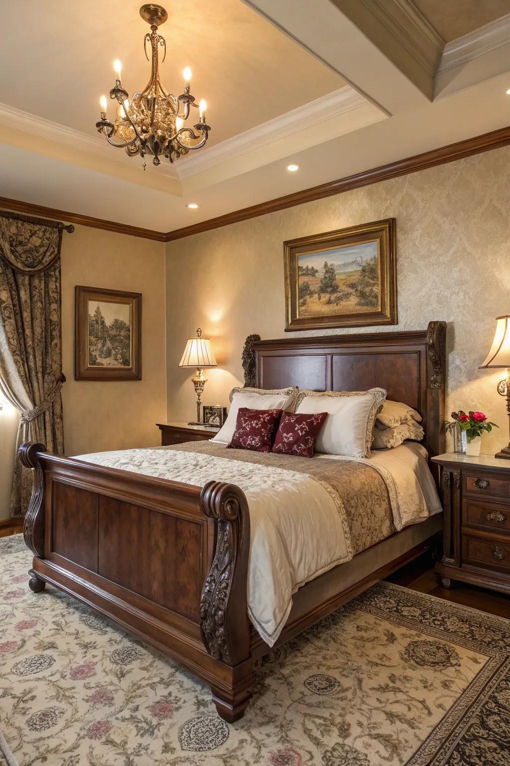 An elegant bedroom featuring a classic mahogany bed frame.