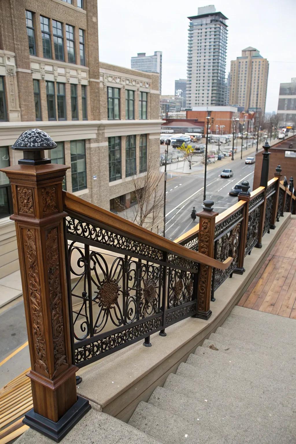 Mixed materials provide a modern twist to traditional Craftsman railings.