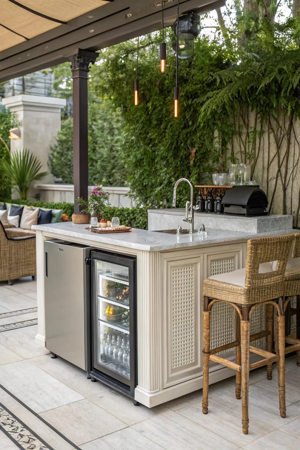 Functional features add convenience to this elegant outdoor bar.