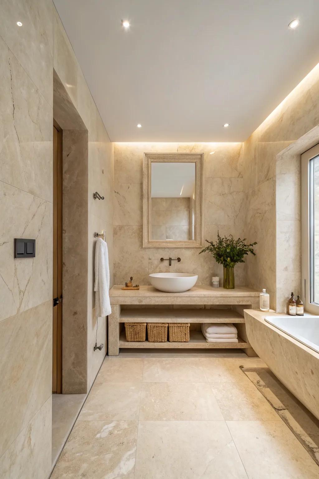 A chic and minimalist bathroom with crema marfil.