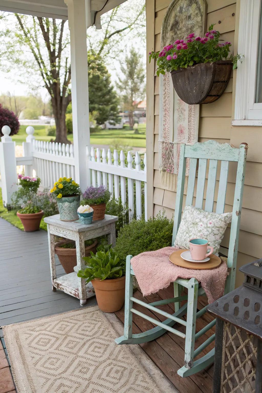 Repurposed furniture adds unique character to a porch.