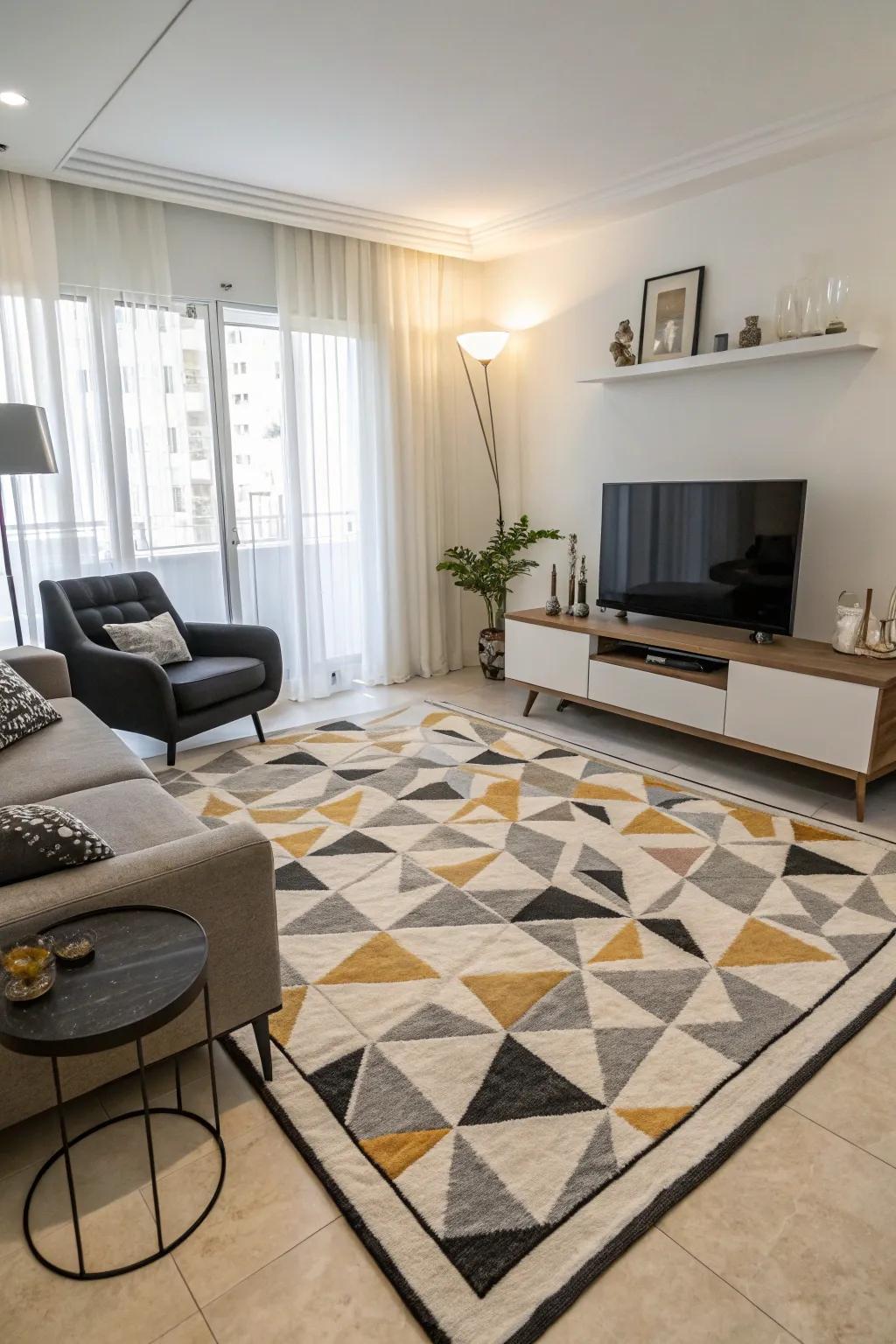 Add a modern twist with geometric rugs.