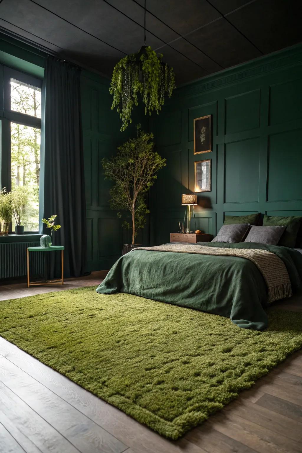 A dark green bedroom featuring a cozy mossy green rug.