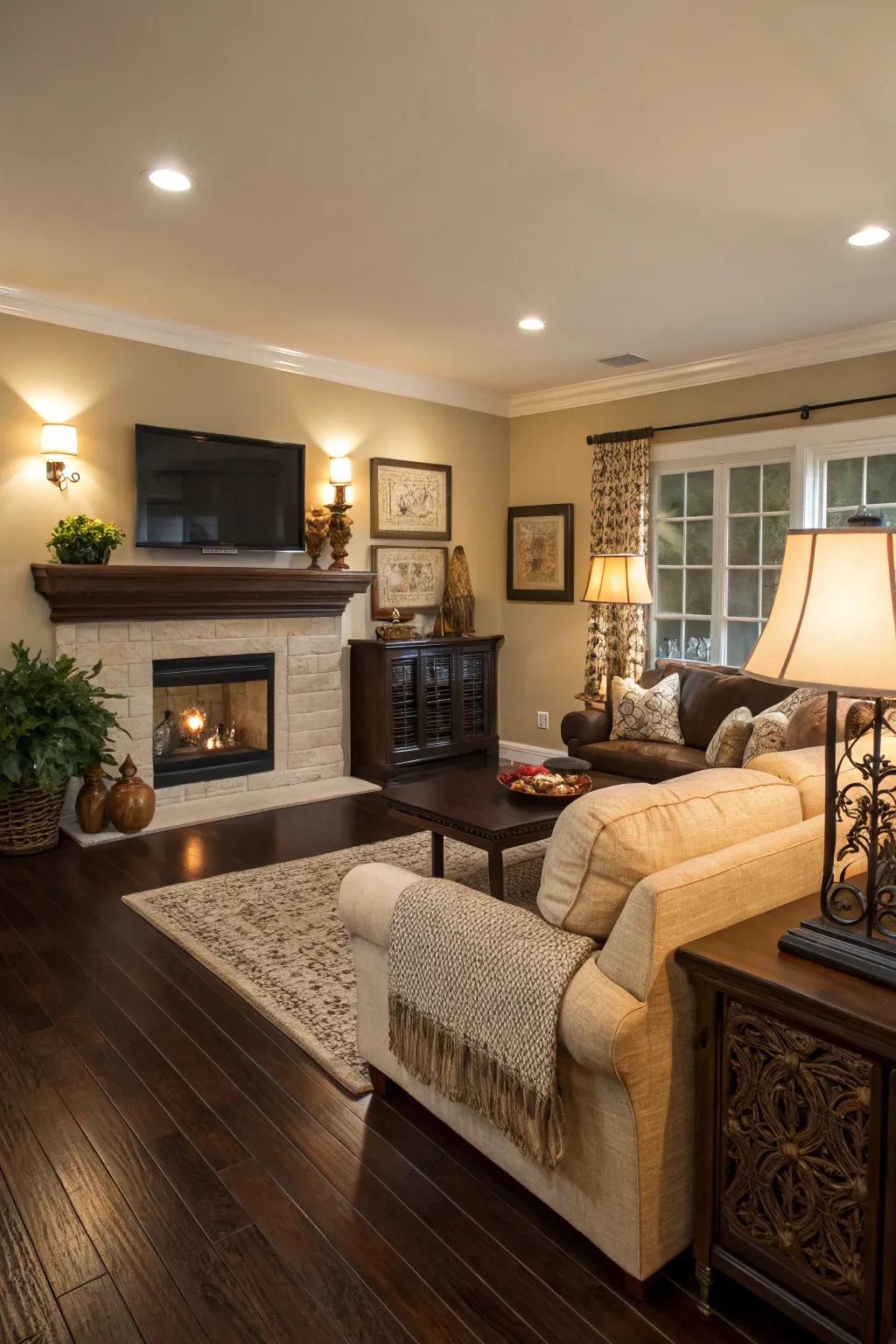 Warm neutral tones create a cozy ambiance with dark wood floors.