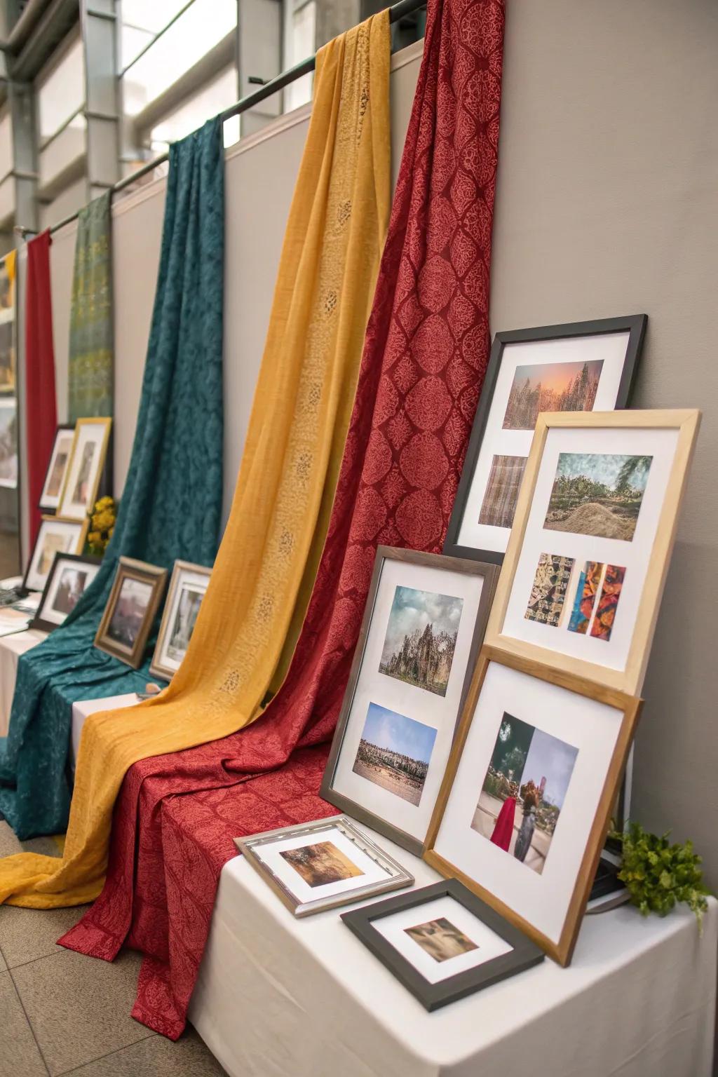 Fabric backdrops in frames add texture, making them stand out.