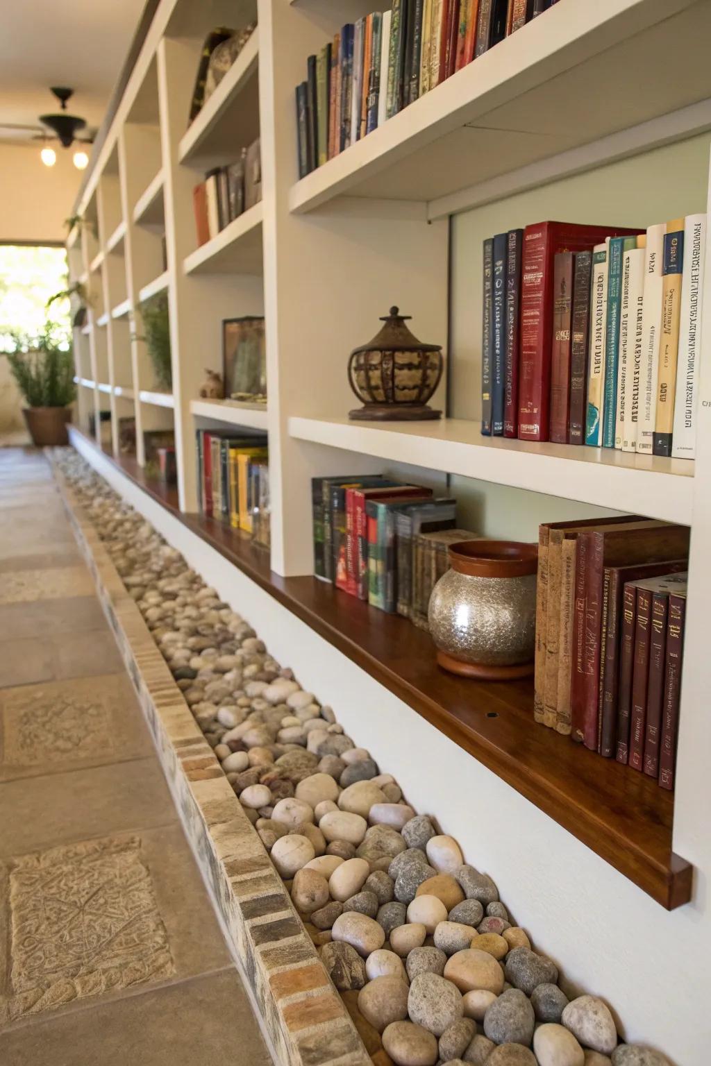 Add a natural touch to your bookshelves with a line of stones.