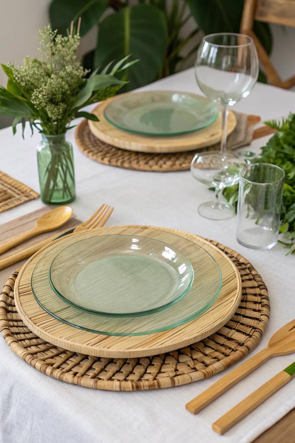 Eco-friendly charger plates made from bamboo and recycled glass.