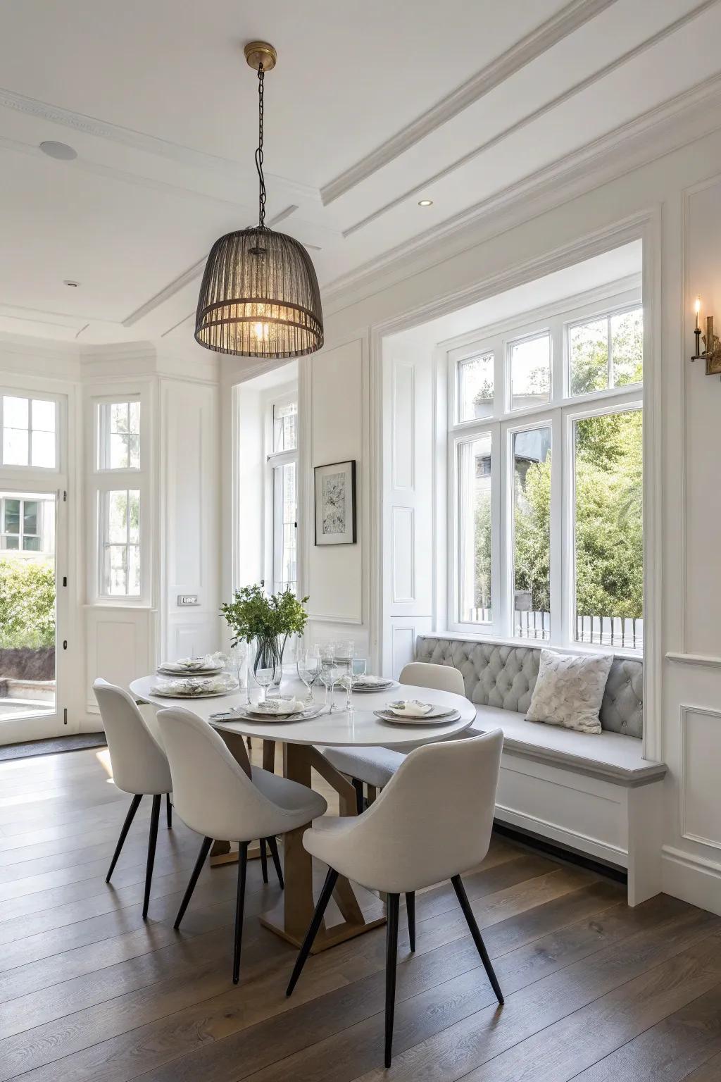 A fresh and airy dining room accentuated by understated whites.