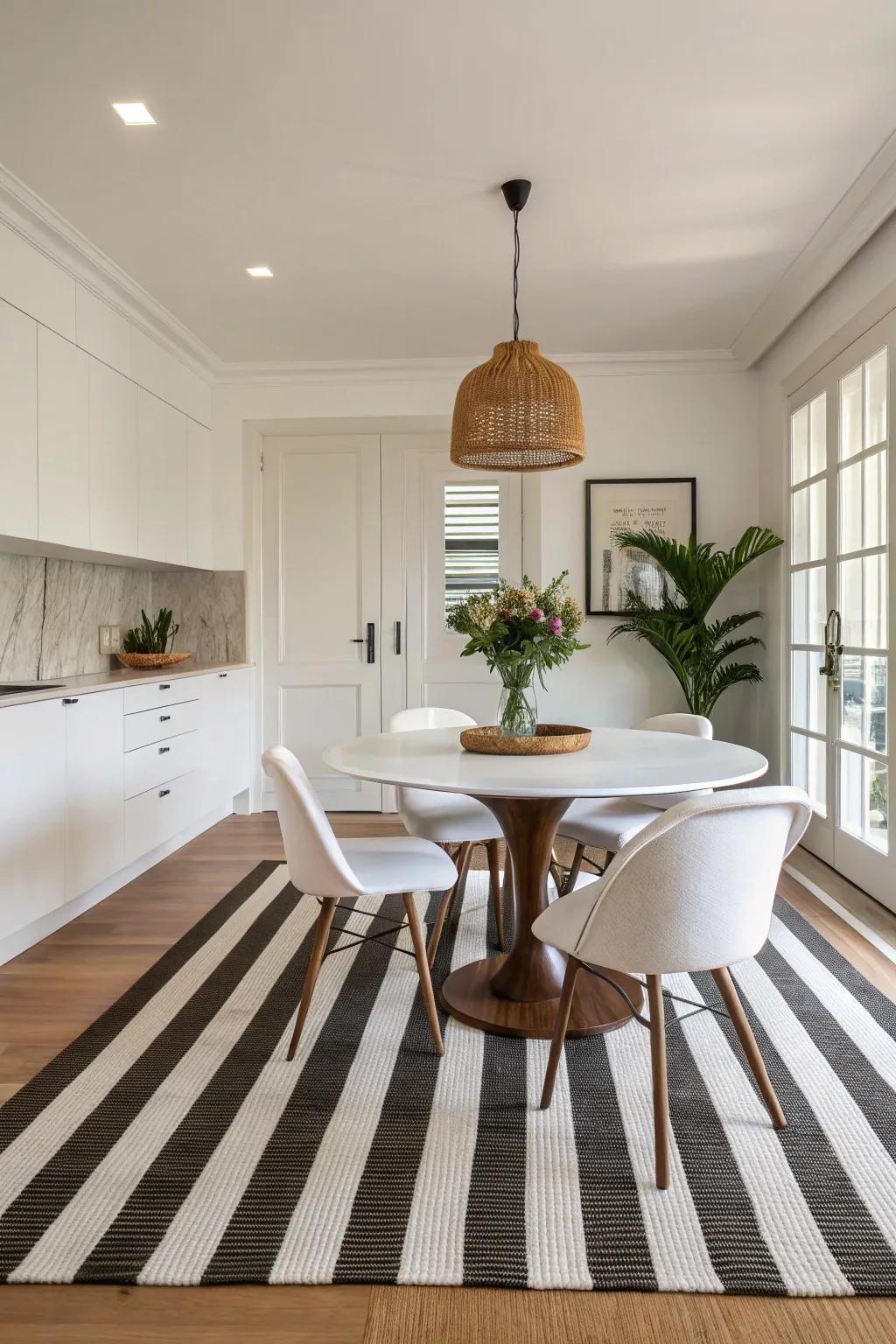 Striped rugs providing sophisticated contrast in the dining room.