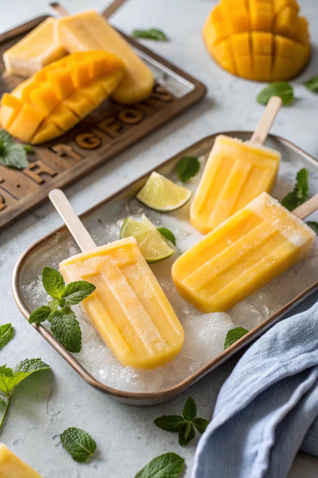 Refreshing mango lassi popsicles, a perfect end to a spicy meal.