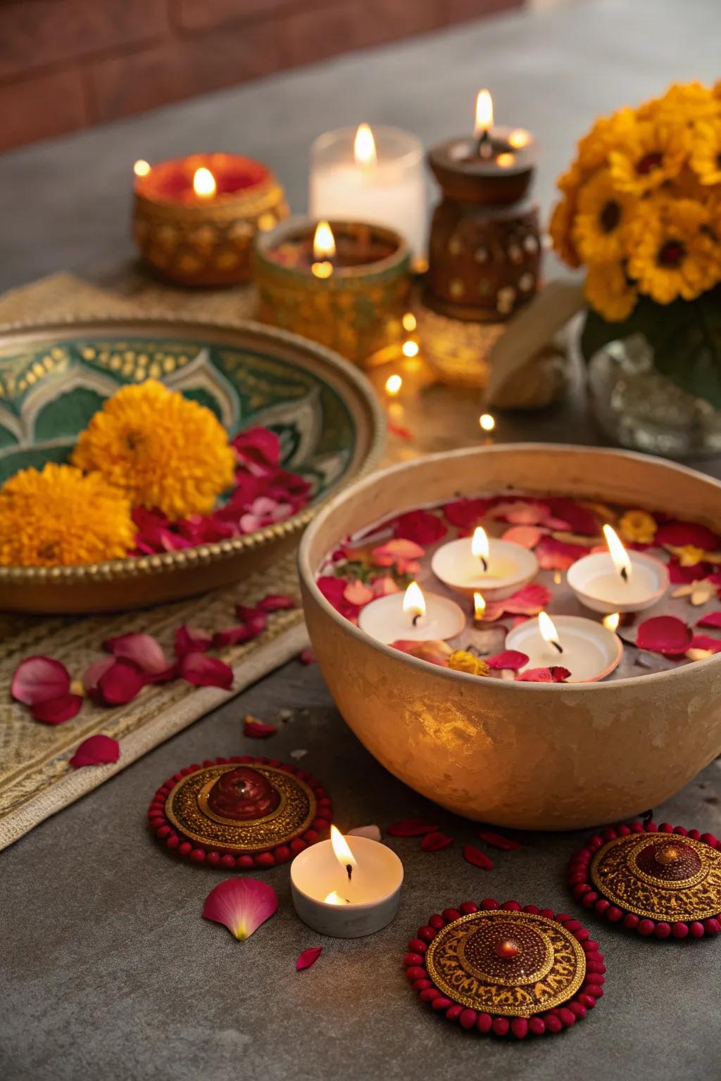 Floating candle bowls with petals create a mesmerizing effect on the Diwali table.