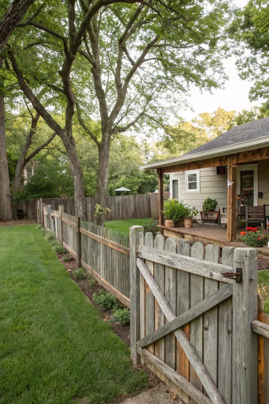 A rustic fence made from reclaimed wood, blending sustainability with style.