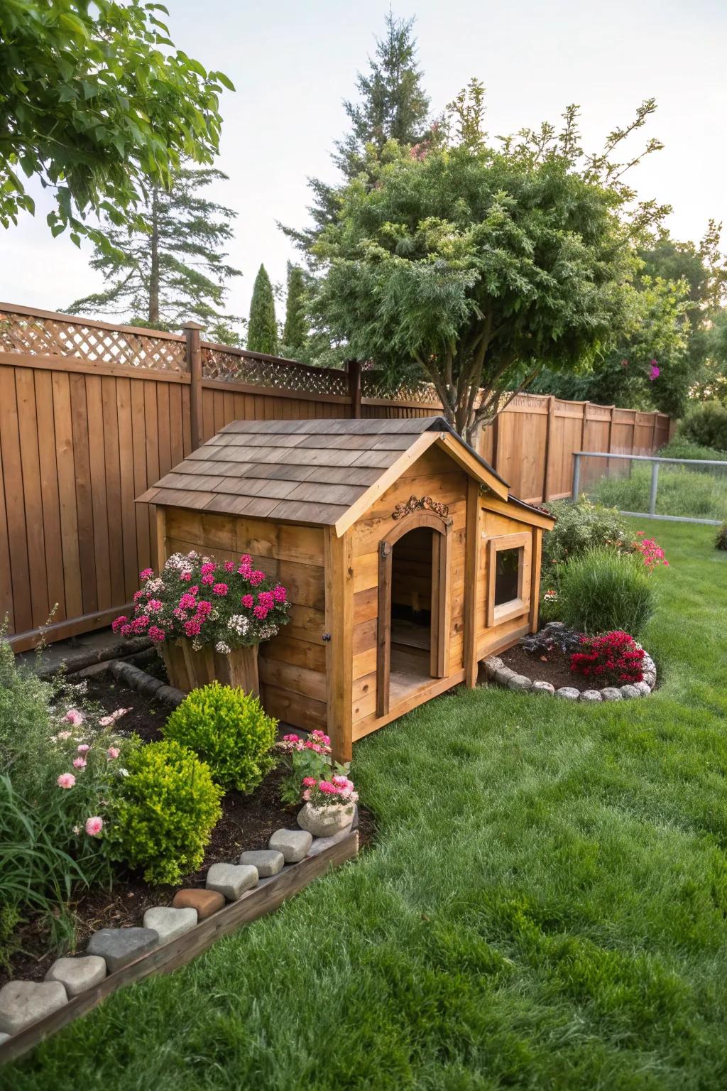 A cozy and budget-friendly dog house made from reclaimed wood.