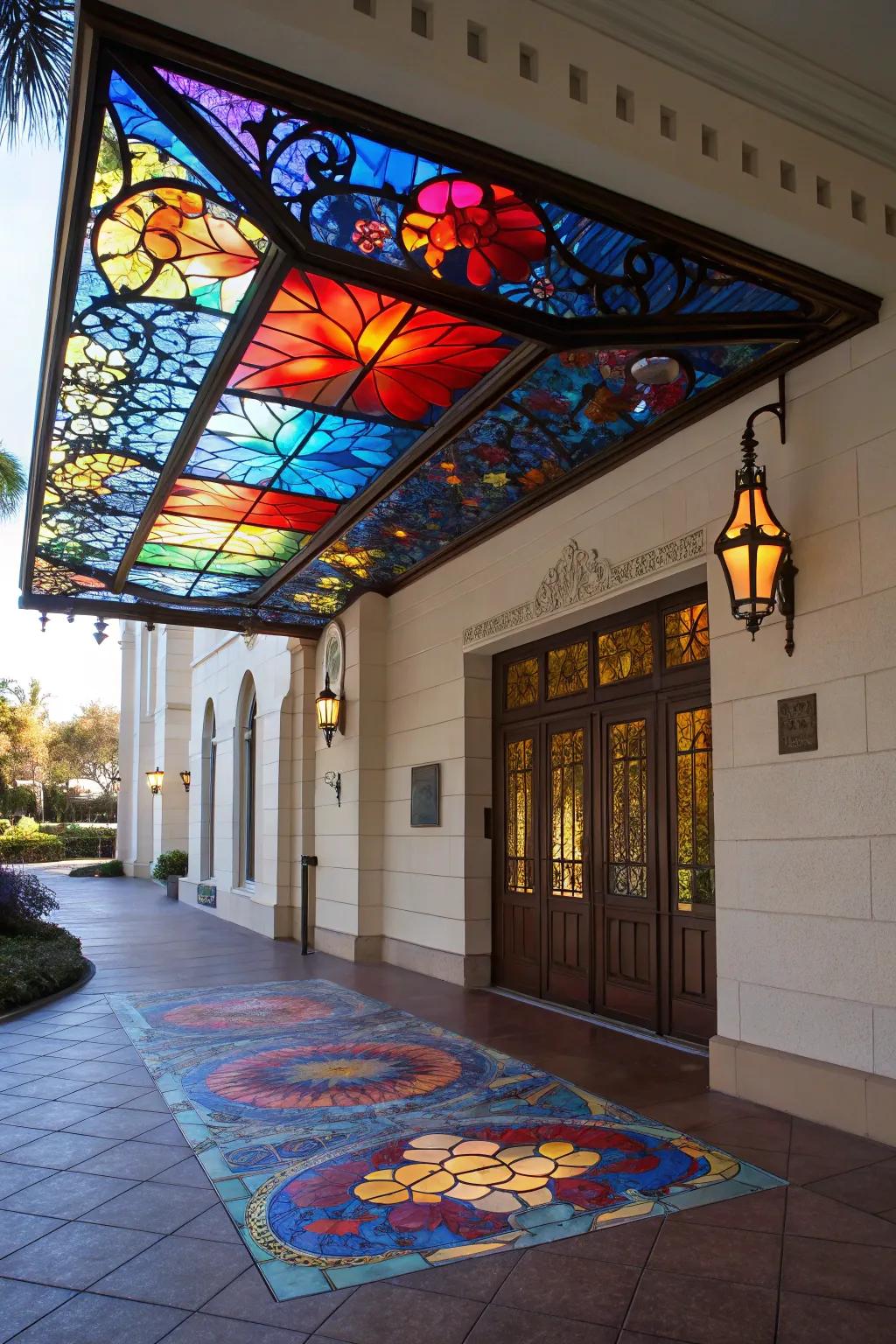 A stained glass awning that creates a kaleidoscope of colors.